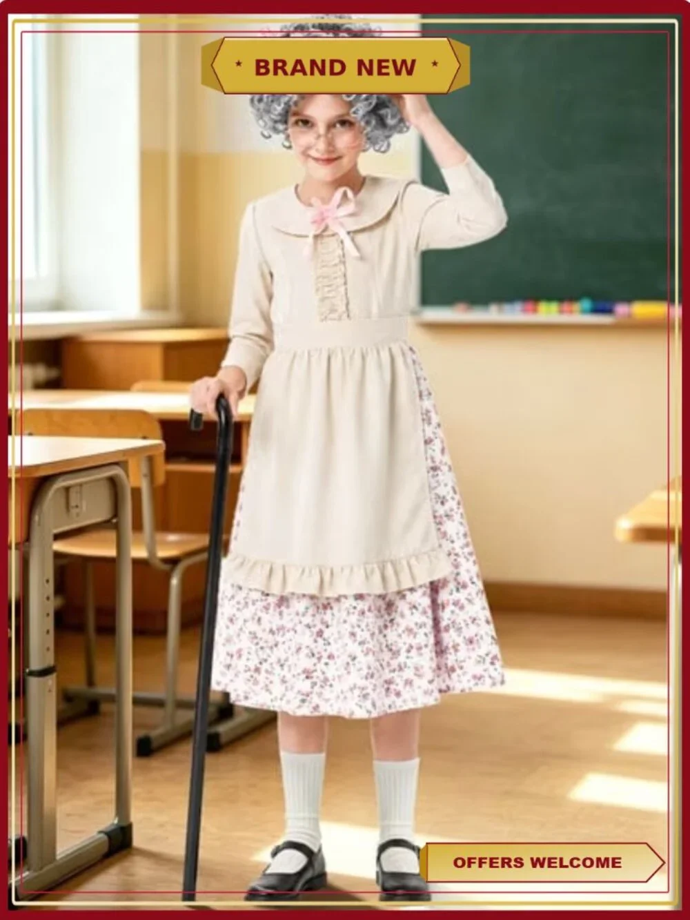 Girls Old Lady Costume 10Pc Set 100 Days of School Halloween Grandma Dress Up